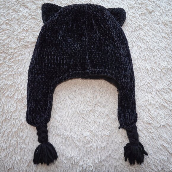 Girls Size Small / Medium 4 to 7 years old Black Cat Chenille Hat with Ear Cover - Picture 3 of 3